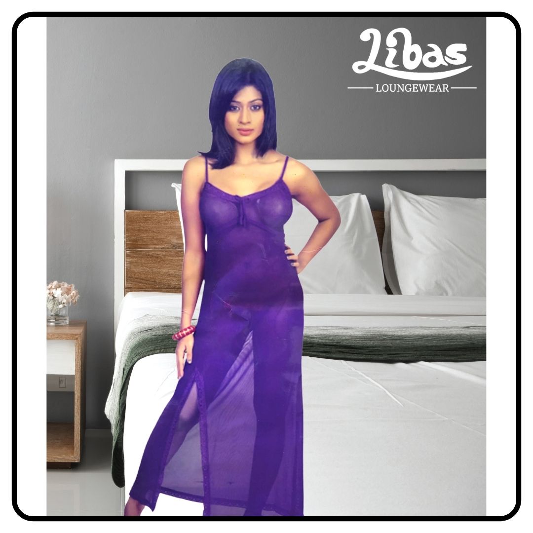 Plain violet netted material one piece fancy nighty with lace work